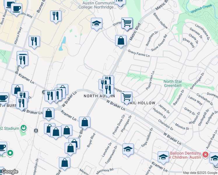 map of restaurants, bars, coffee shops, grocery stores, and more near 1910 West Braker Lane in Austin
