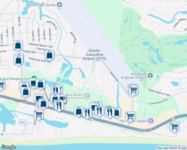 map of restaurants, bars, coffee shops, grocery stores, and more near Mattie M Kelly Boulevard in Destin
