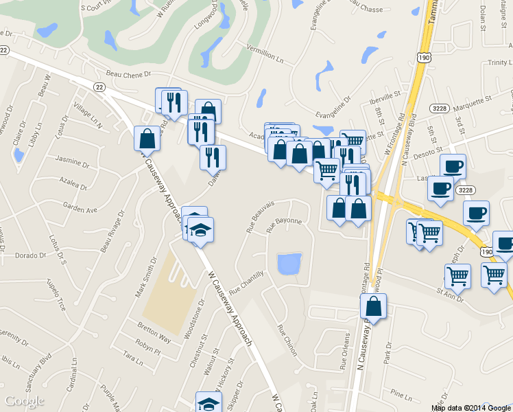 map of restaurants, bars, coffee shops, grocery stores, and more near 1342 Rue Beauvais in Mandeville