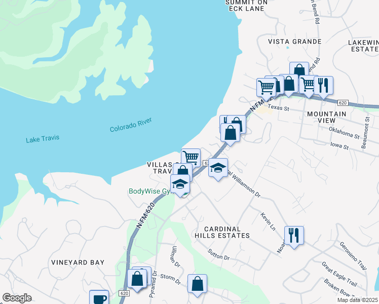 map of restaurants, bars, coffee shops, grocery stores, and more near 2918 Ranch Road 620 North in Austin
