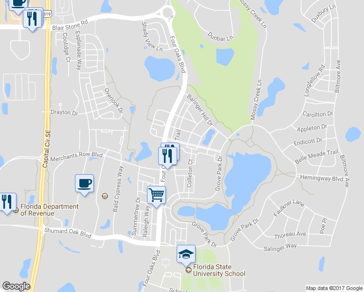 map of restaurants, bars, coffee shops, grocery stores, and more near 3125 Mulberry Park Boulevard in Tallahassee
