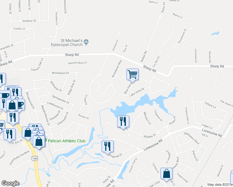 map of restaurants, bars, coffee shops, grocery stores, and more near 309 Rosedown Way in Mandeville