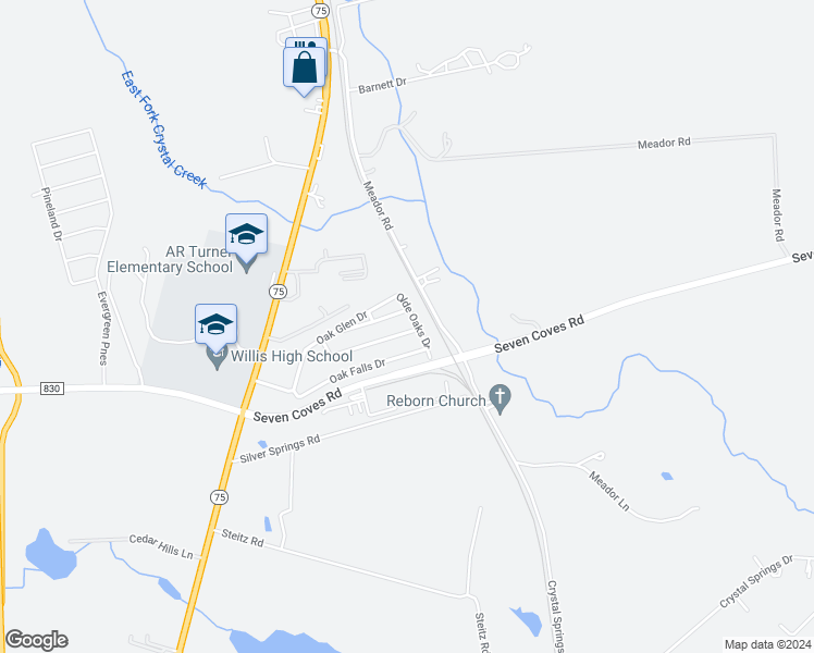 map of restaurants, bars, coffee shops, grocery stores, and more near 942 Oak Lynn Drive in Willis