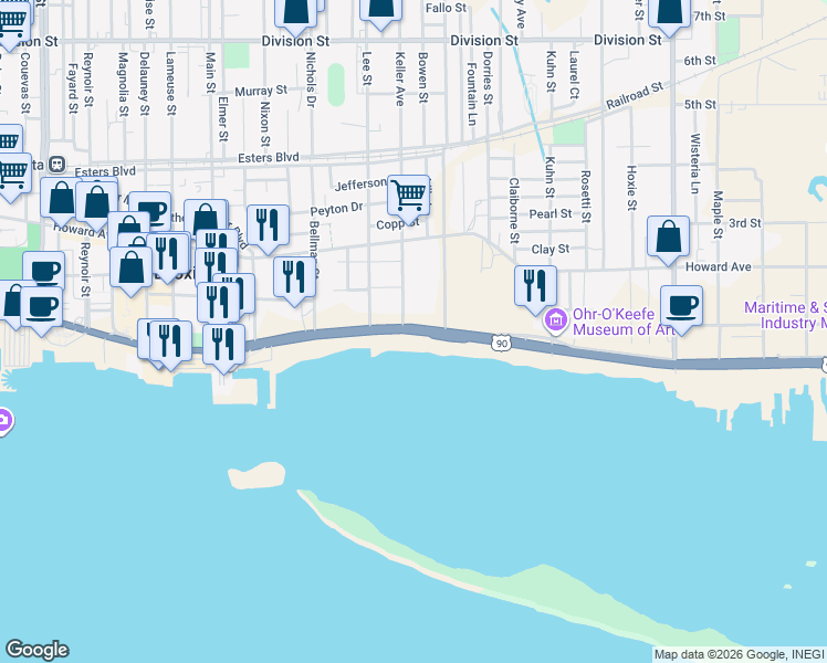 map of restaurants, bars, coffee shops, grocery stores, and more near 523 Beach Boulevard in Biloxi