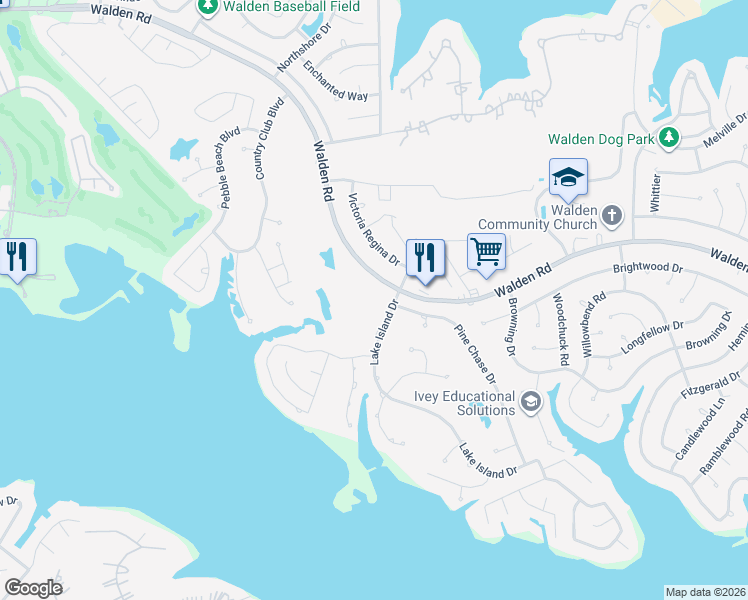 map of restaurants, bars, coffee shops, grocery stores, and more near 12900 Walden Road in Montgomery
