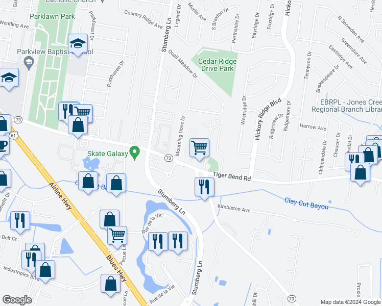 map of restaurants, bars, coffee shops, grocery stores, and more near 13341 Prath Drive in Baton Rouge