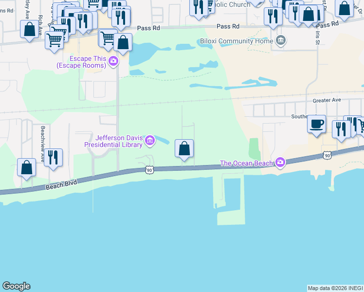 map of restaurants, bars, coffee shops, grocery stores, and more near 100 Brady Drive in Biloxi