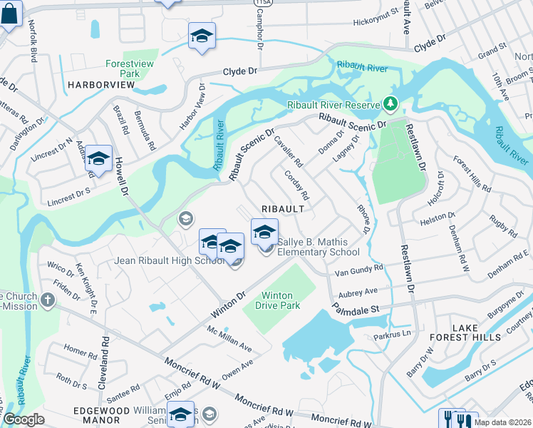 map of restaurants, bars, coffee shops, grocery stores, and more near 6834 Van Gundy Road in Jacksonville