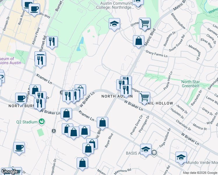 map of restaurants, bars, coffee shops, grocery stores, and more near 2120 West Braker Lane in Austin