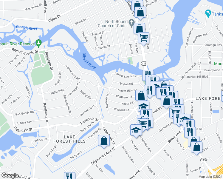 map of restaurants, bars, coffee shops, grocery stores, and more near 8251 Merivale Road in Jacksonville