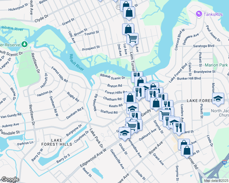 map of restaurants, bars, coffee shops, grocery stores, and more near 1537 Forest Hills Road in Jacksonville
