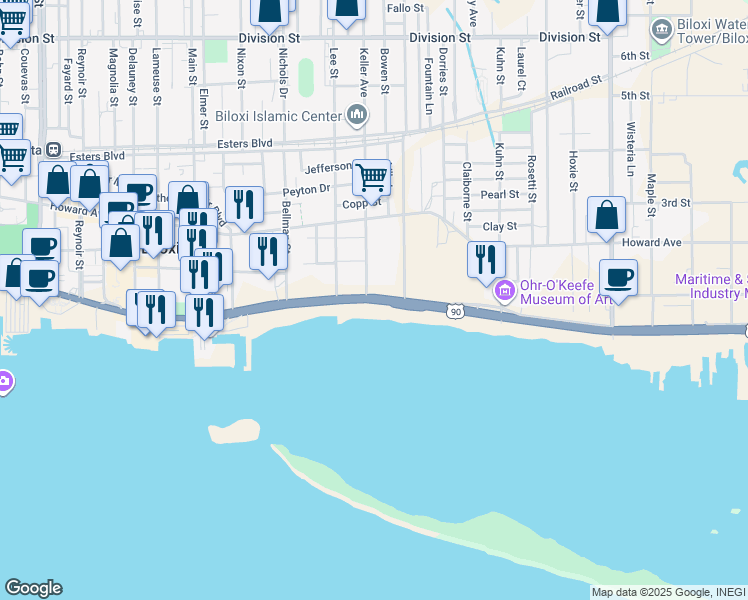 map of restaurants, bars, coffee shops, grocery stores, and more near 523 Beach Boulevard in Biloxi