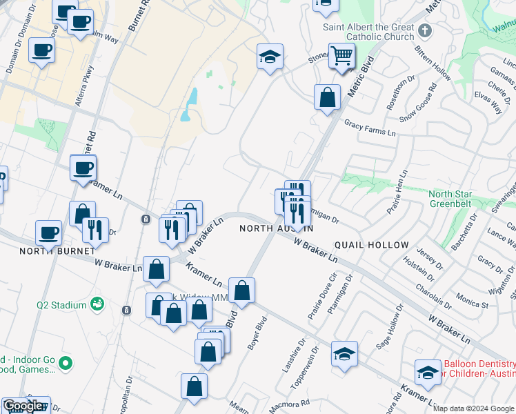 map of restaurants, bars, coffee shops, grocery stores, and more near 2111 West Braker Lane in Austin