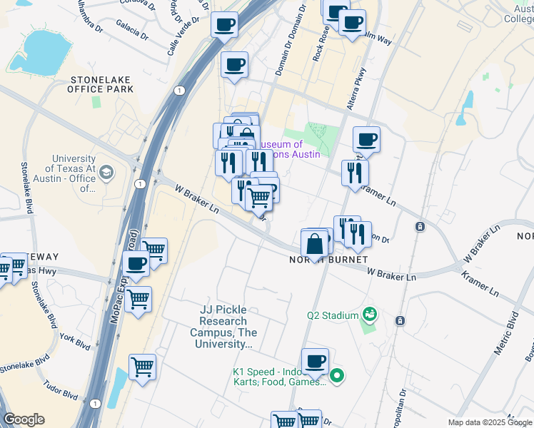 map of restaurants, bars, coffee shops, grocery stores, and more near 10727 Domain Drive in Austin