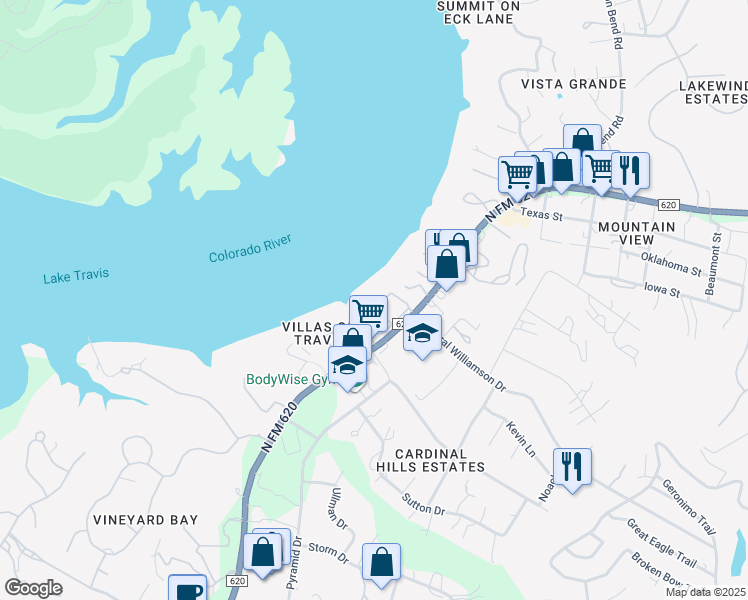 map of restaurants, bars, coffee shops, grocery stores, and more near 2918 Ranch Road 620 North in Austin