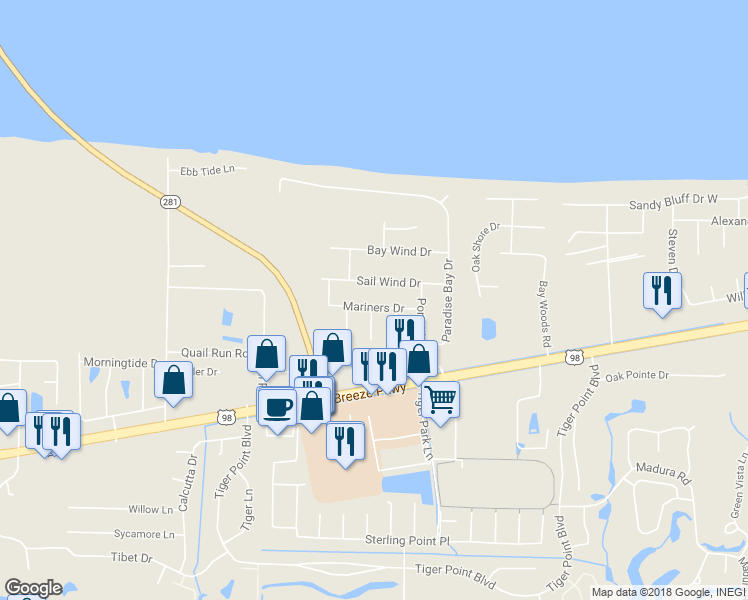 map of restaurants, bars, coffee shops, grocery stores, and more near 3876 Mariners Drive in Gulf Breeze