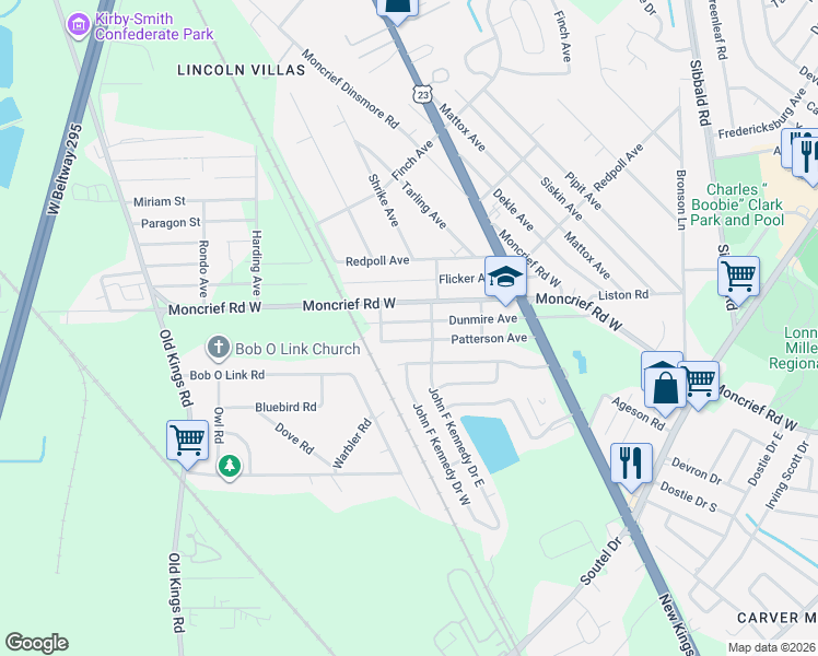 map of restaurants, bars, coffee shops, grocery stores, and more near 6070 Patterson Avenue in Jacksonville