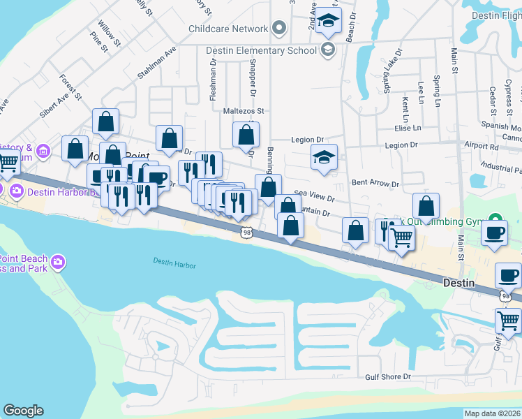 map of restaurants, bars, coffee shops, grocery stores, and more near in Destin