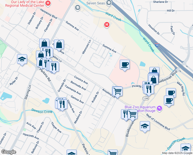 map of restaurants, bars, coffee shops, grocery stores, and more near 8056 Anselmo Lane in Baton Rouge