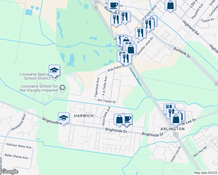 map of restaurants, bars, coffee shops, grocery stores, and more near 4637 Alvin Dark Avenue in Baton Rouge