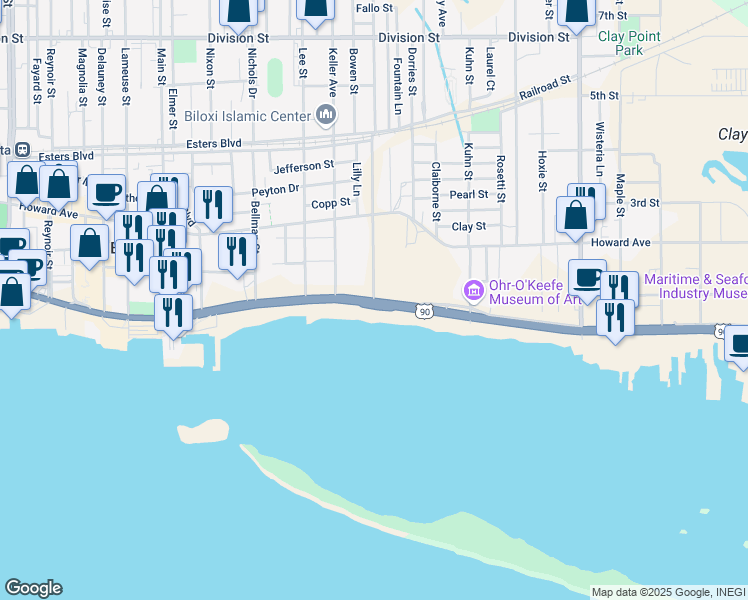 map of restaurants, bars, coffee shops, grocery stores, and more near 34 Holley Street in Biloxi