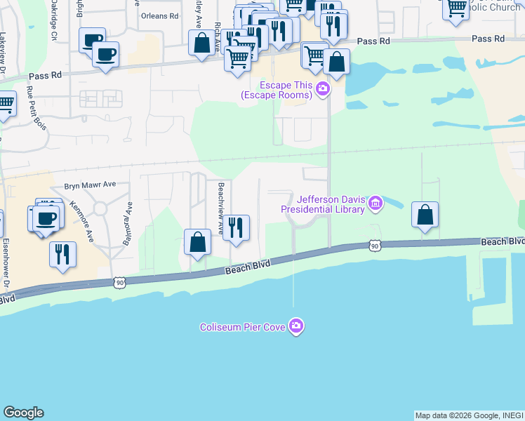 map of restaurants, bars, coffee shops, grocery stores, and more near 148 Oakmont Place in Biloxi