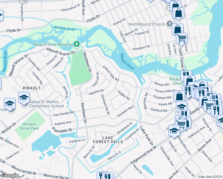 map of restaurants, bars, coffee shops, grocery stores, and more near 8062 Ramsgate Road in Jacksonville