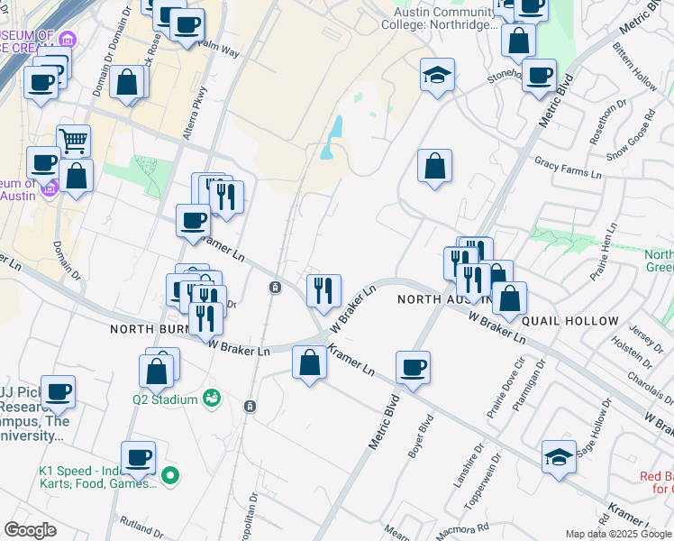 map of restaurants, bars, coffee shops, grocery stores, and more near 2222 West Braker Lane in Austin
