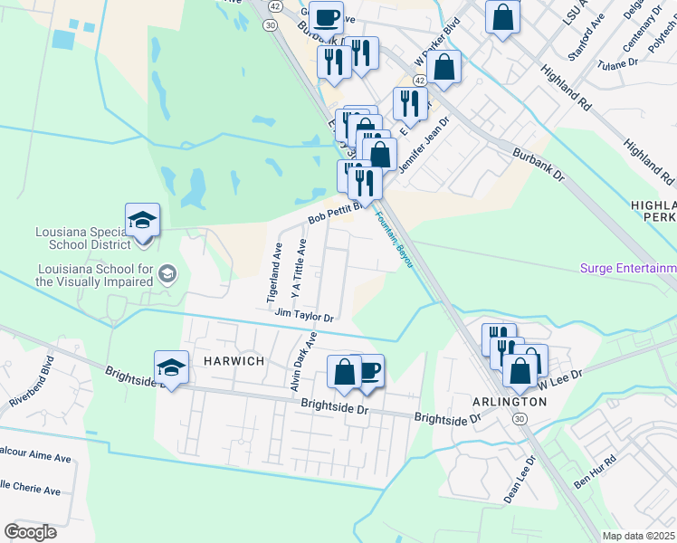 map of restaurants, bars, coffee shops, grocery stores, and more near 4637 Alvin Dark Avenue in Baton Rouge