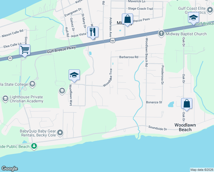 map of restaurants, bars, coffee shops, grocery stores, and more near 5307 Woodlake Trce in Gulf Breeze