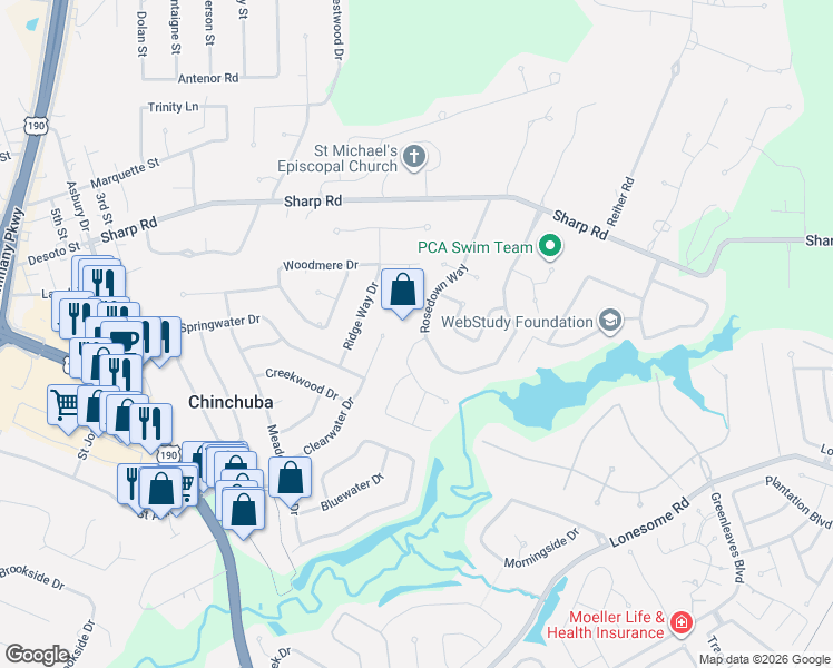 map of restaurants, bars, coffee shops, grocery stores, and more near 103 Kramer Court in Mandeville