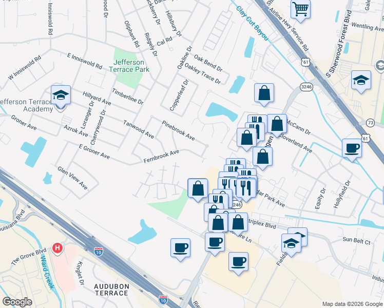 map of restaurants, bars, coffee shops, grocery stores, and more near 10457 Fernbrook Avenue in Baton Rouge