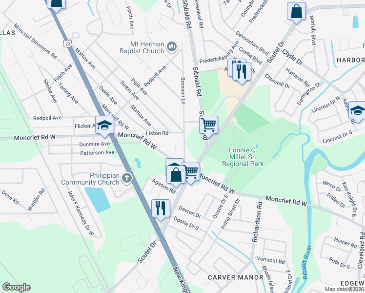 map of restaurants, bars, coffee shops, grocery stores, and more near 7646 Bronson Lane in Jacksonville