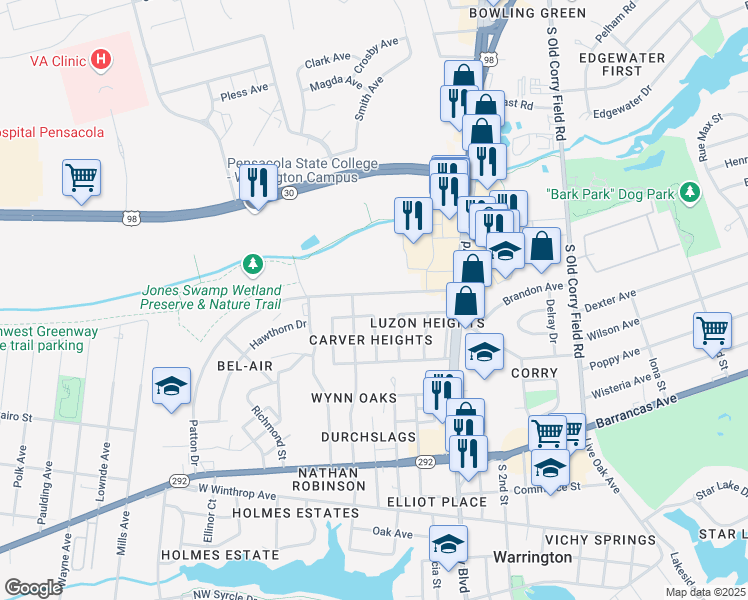 map of restaurants, bars, coffee shops, grocery stores, and more near 31 Patton Drive in Pensacola