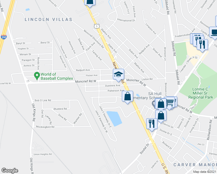 map of restaurants, bars, coffee shops, grocery stores, and more near 5910 Patterson Avenue in Jacksonville