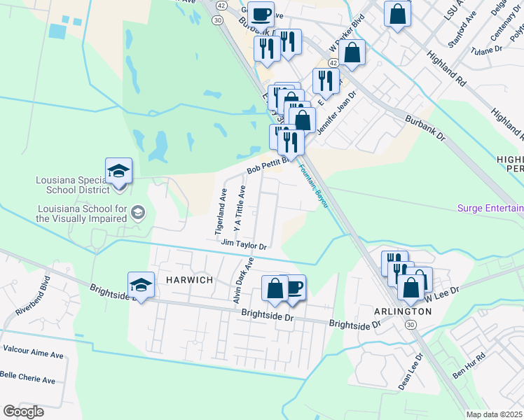 map of restaurants, bars, coffee shops, grocery stores, and more near 4637 Alvin Dark Avenue in Baton Rouge