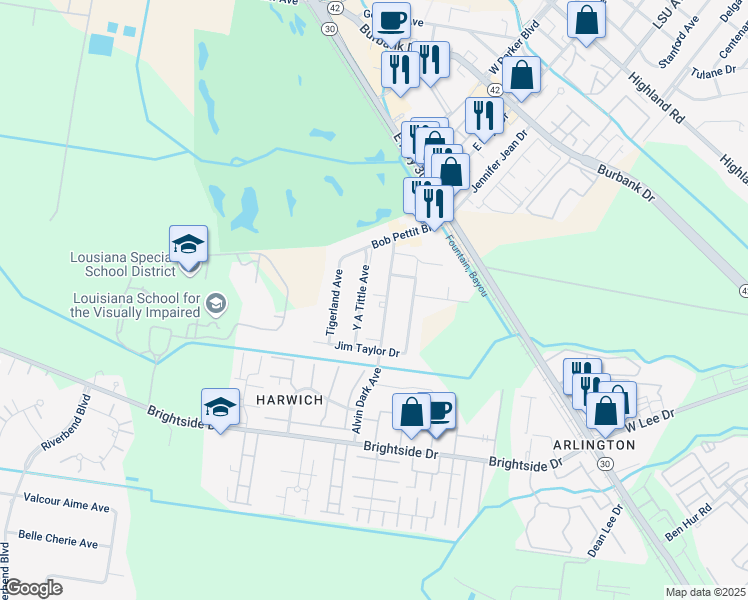 map of restaurants, bars, coffee shops, grocery stores, and more near 4637 Alvin Dark Avenue in Baton Rouge