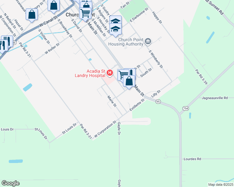 map of restaurants, bars, coffee shops, grocery stores, and more near 916 South Broadway Street in Church Point