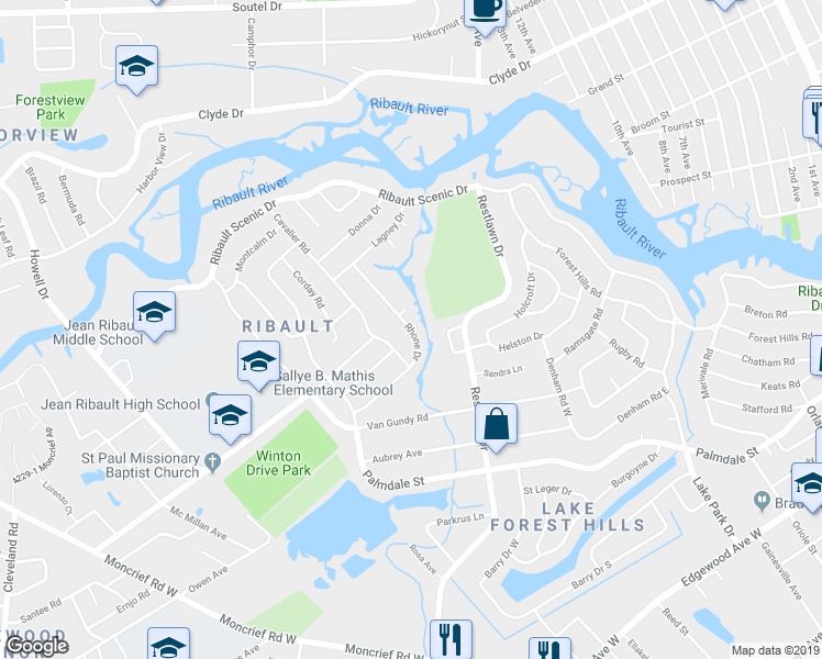 map of restaurants, bars, coffee shops, grocery stores, and more near 6601 Rhone Drive in Jacksonville