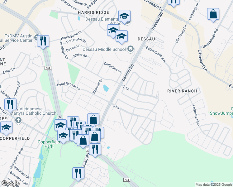 map of restaurants, bars, coffee shops, grocery stores, and more near Dessau Road in Austin