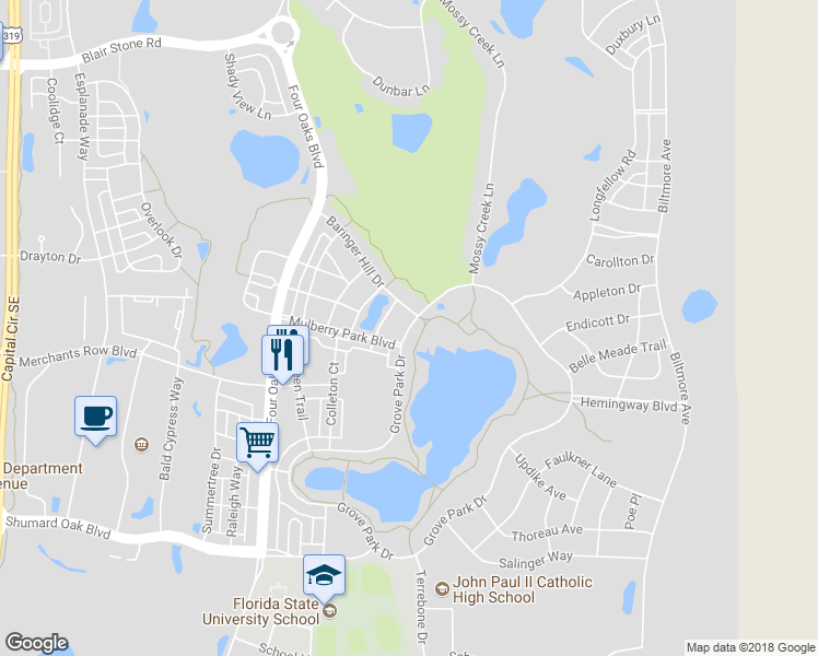 map of restaurants, bars, coffee shops, grocery stores, and more near 3777 Grove Park Drive in Tallahassee