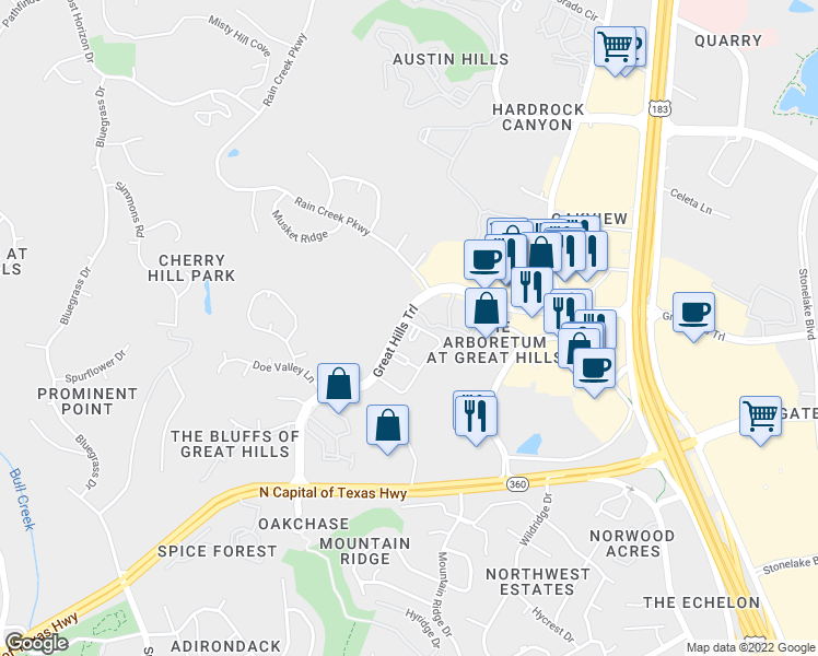 map of restaurants, bars, coffee shops, grocery stores, and more near 9521 Great Hills Trail in Austin