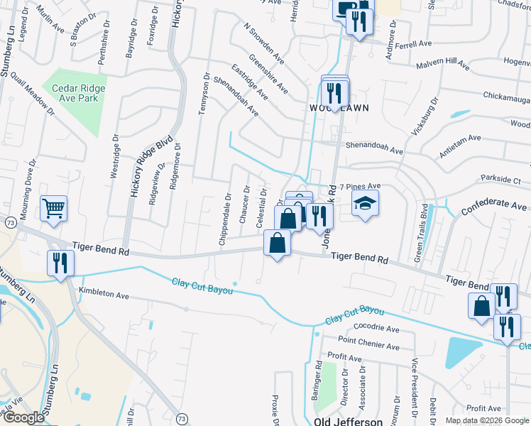 map of restaurants, bars, coffee shops, grocery stores, and more near 6522 Snowden Drive in Baton Rouge