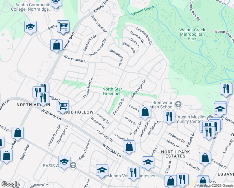 map of restaurants, bars, coffee shops, grocery stores, and more near 11710 Barchetta Drive in Austin