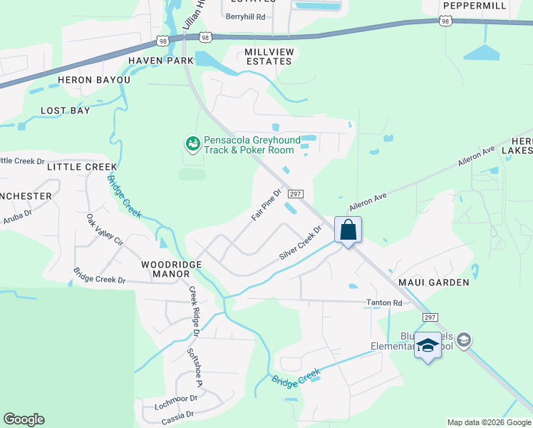 map of restaurants, bars, coffee shops, grocery stores, and more near 10602 Bridge Creek Drive in Pensacola