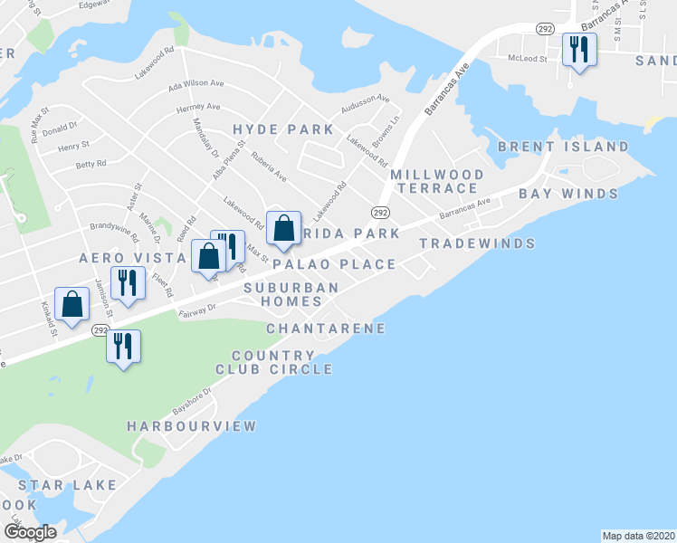 map of restaurants, bars, coffee shops, grocery stores, and more near 11 Palao Place in Pensacola
