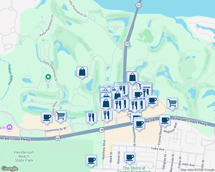 map of restaurants, bars, coffee shops, grocery stores, and more near 4462 Stonebridge Road in Destin