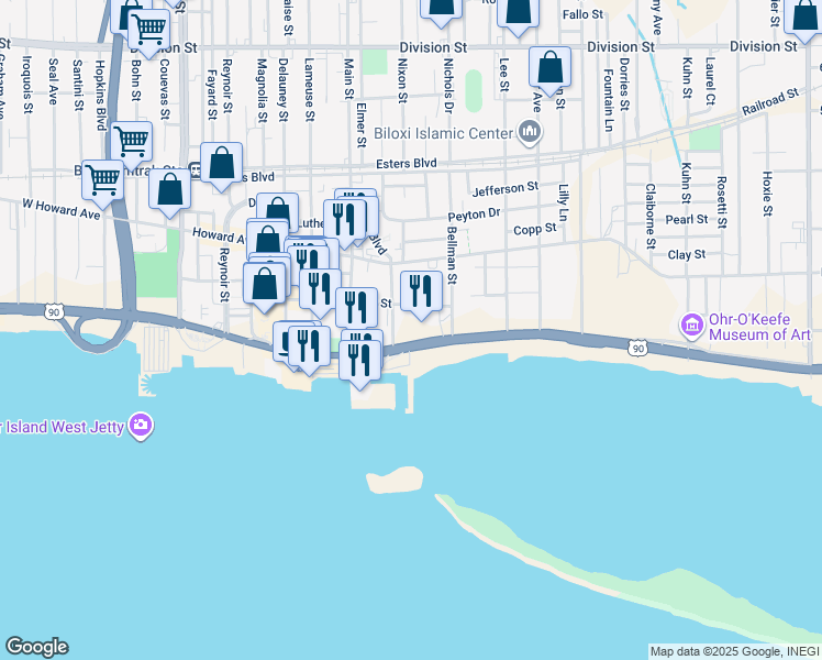map of restaurants, bars, coffee shops, grocery stores, and more near 640 Beach Boulevard in Biloxi