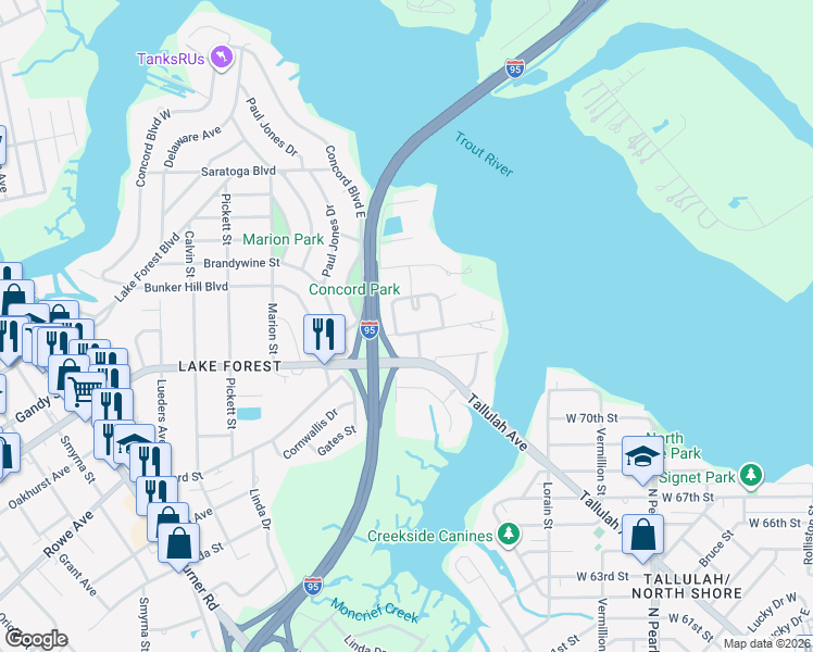 map of restaurants, bars, coffee shops, grocery stores, and more near 667 Edgewood Avenue West in Jacksonville
