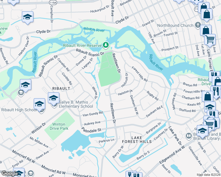 map of restaurants, bars, coffee shops, grocery stores, and more near 7906 Helston Drive in Jacksonville